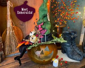 A Halloween witch pumpkin wearing a green witch hat. Her name is Esmeralda. The hat is decorated with a buckle, white pumpkins and leaves.